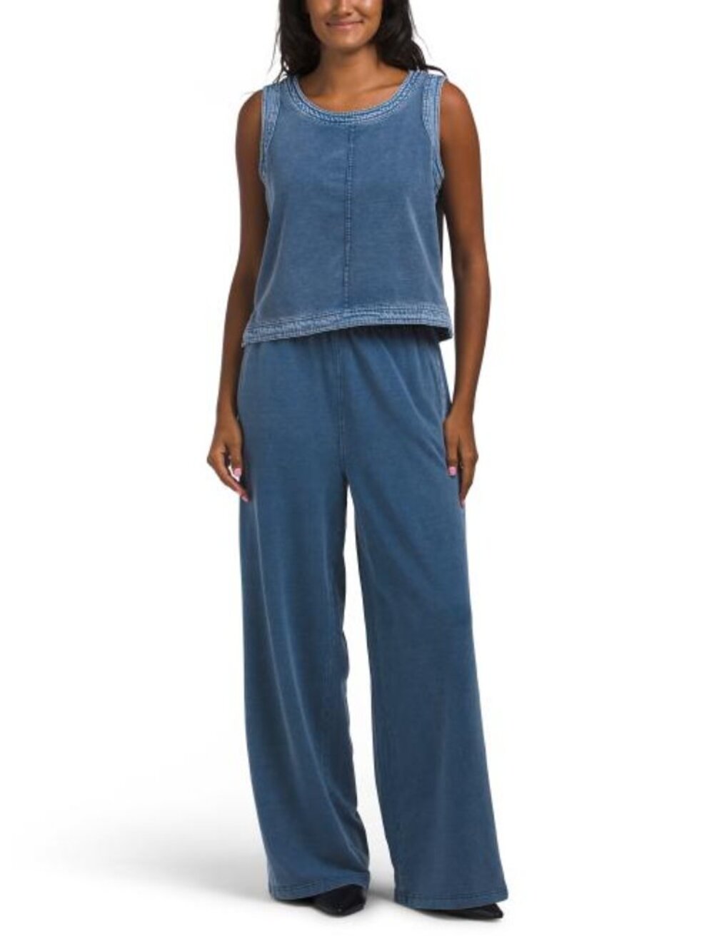 JANE & DELANCEY 2pc French Terry Denim Cropped Tank Top And Straight Pants Set - Picture 1 of 4